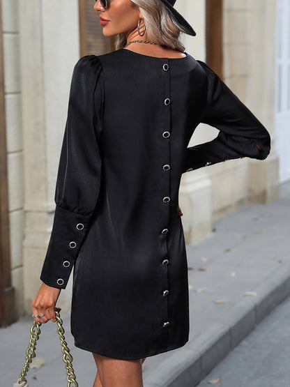 Mini Dresses Round Neck Puff Sleeves Short Dress In Black