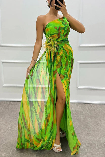 One-Shoulder Ruched Feather Floral Accent Marble Print High-Slit Maxi Gown