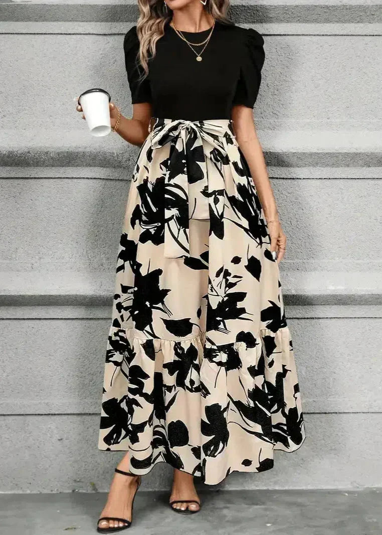 Puff Sleeve Crew Neck Abstract Floral Print Tie Waist Tiered Maxi Dress
