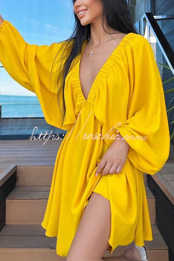 V Neck Puff Sleeve Solid Color Resort Style Mini Dress