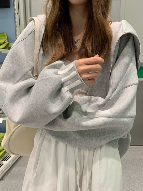 Anti Pilling Bunny Ears Zip-Up Cropped Hoodie