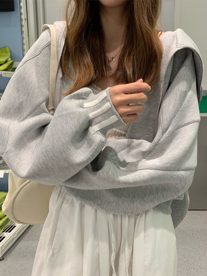 Anti Pilling Bunny Ears Zip-Up Cropped Hoodie
