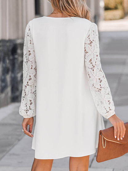 Loose Puff Sleeves Hollow Solid Color Split-Joint V-Neck Mini Dresses