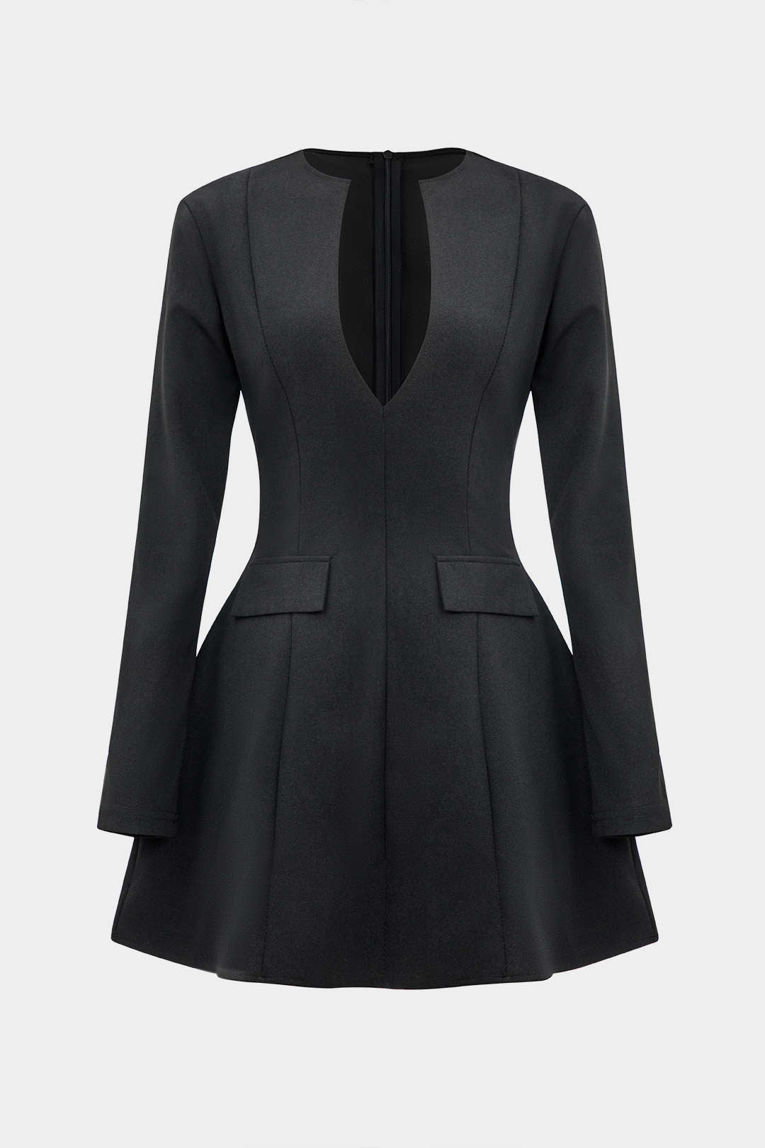 Deep V Neck Long Sleeve Flap Pocket Flared A Line Mini Dress