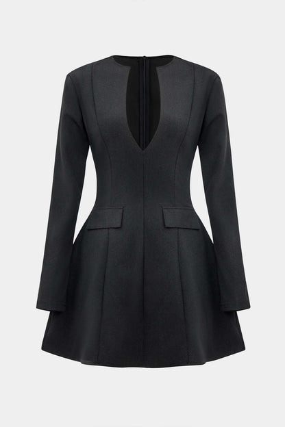 Deep V Neck Long Sleeve Flap Pocket Flared A Line Mini Dress