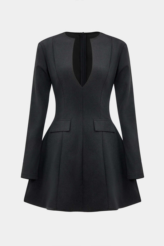 Deep V Neck Long Sleeve Flap Pocket Flared A Line Mini Dress