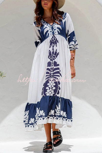 Unique Printed V-neck Loose Resort Style Midi Dress