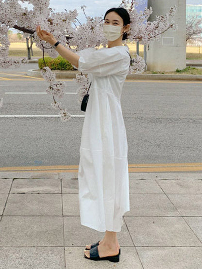 Casual Round-Neck Bishop Sleeve Loose Solid Color Midi Dress