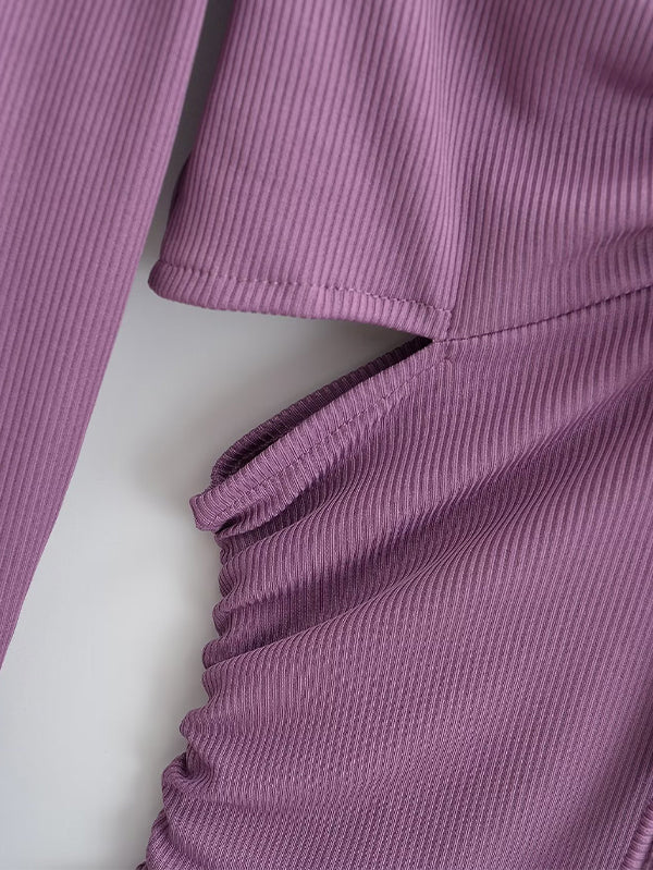 Solid V Neck Side Cutout Trumpet Sleeve Long Sleeve Knit