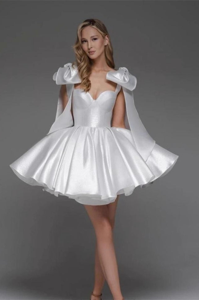 Strapless Puff Shoulder Ruffle Satin Pleated Cupcake Mini Dress