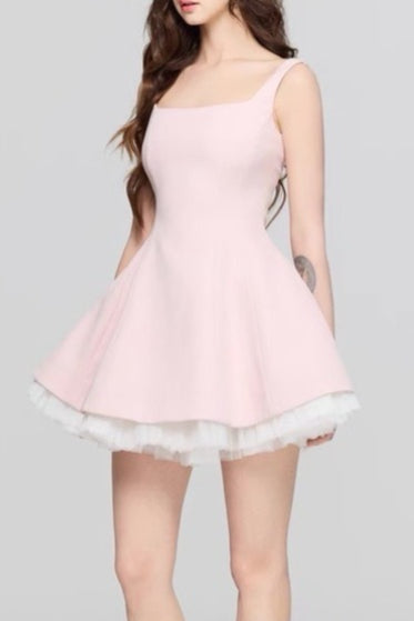 Square Neck Princess Seam Tulle Underlay Fit and Flare Mini Dress
