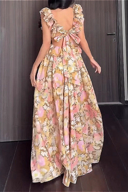 Ruffled V Neck Sleeveless Slim  Fit Floral Dress