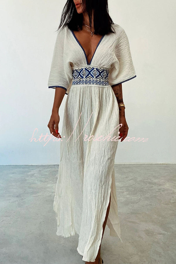 Sunlit Days Linen Blend Ethnic Printed Elastic Waist Slit Maxi Dress