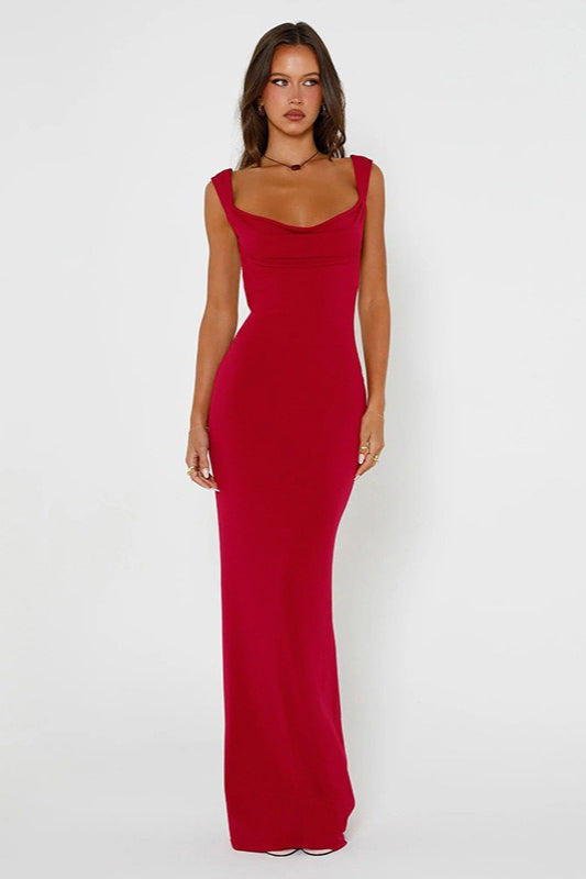 Cowl Neck Side Cutout Open-Back Bow Detail Spaghetti Strap Maxi Gown