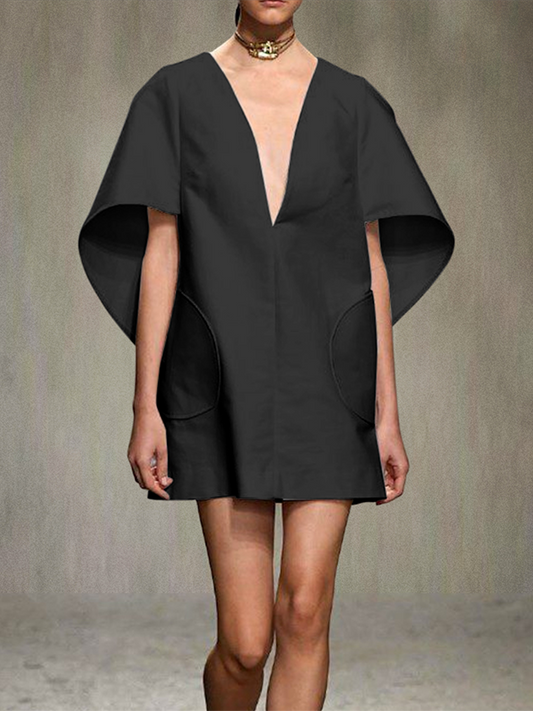 Half Sleeves Loose Solid Color Deep V-Neck Mini Dresses