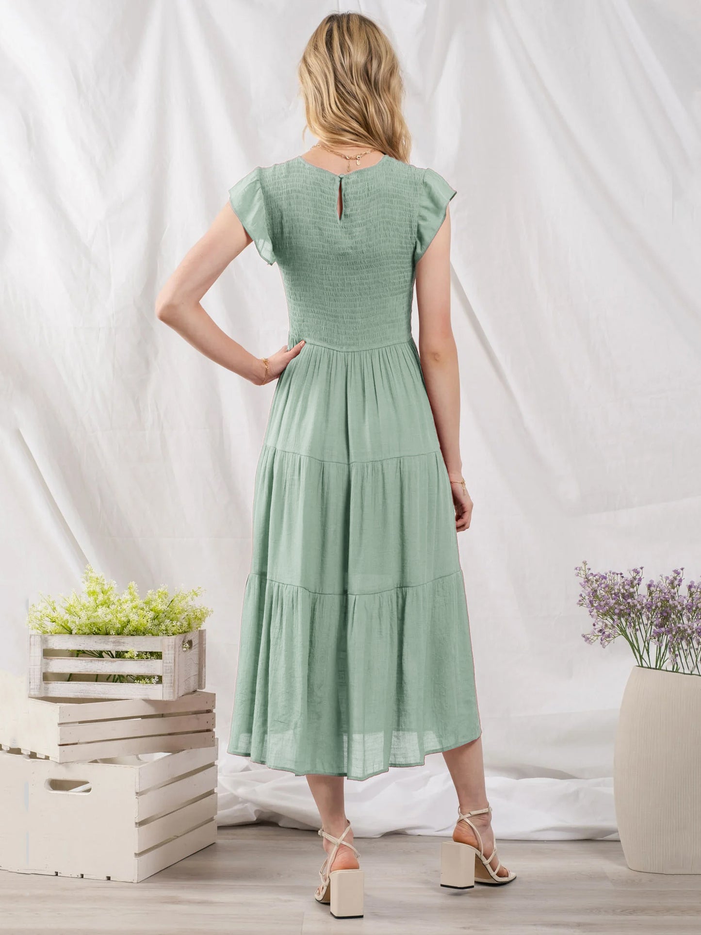 Party Dress Cotton Blend Casual Jewel Neck Short Sleeves Summer Midi Dress