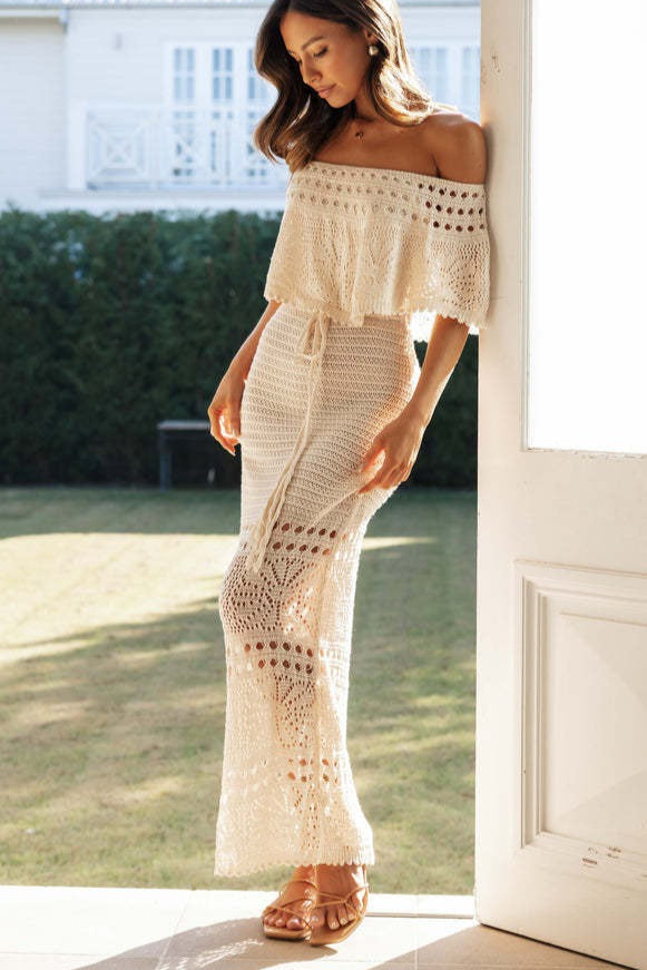 Crochet Off Shoulder Ruffle Flounce Drawstring Waist Knit Maxi Dress