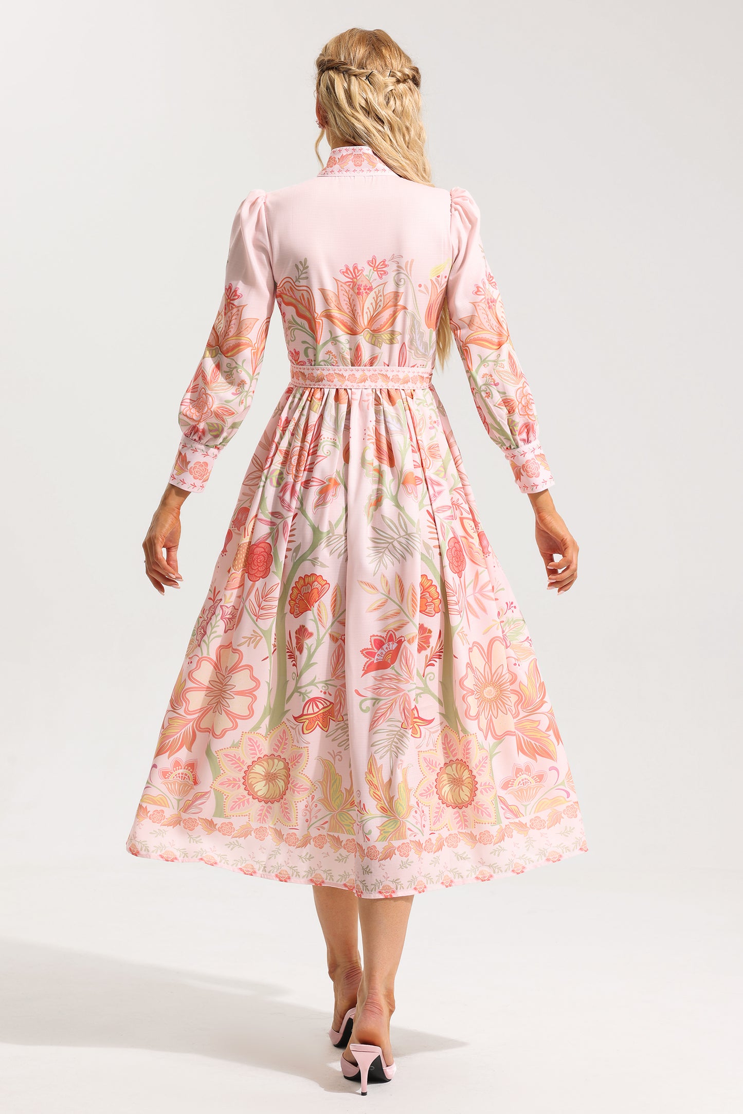 Floral Bottom Lantern Sleeve Midi Dress With Belt
