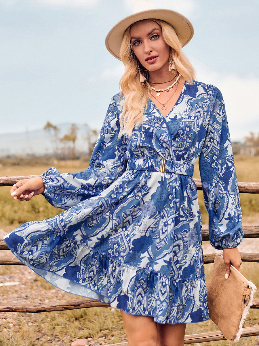 Boho Dress Sash V-Neck Lantern Sleeves Floral Beach Mini Dress