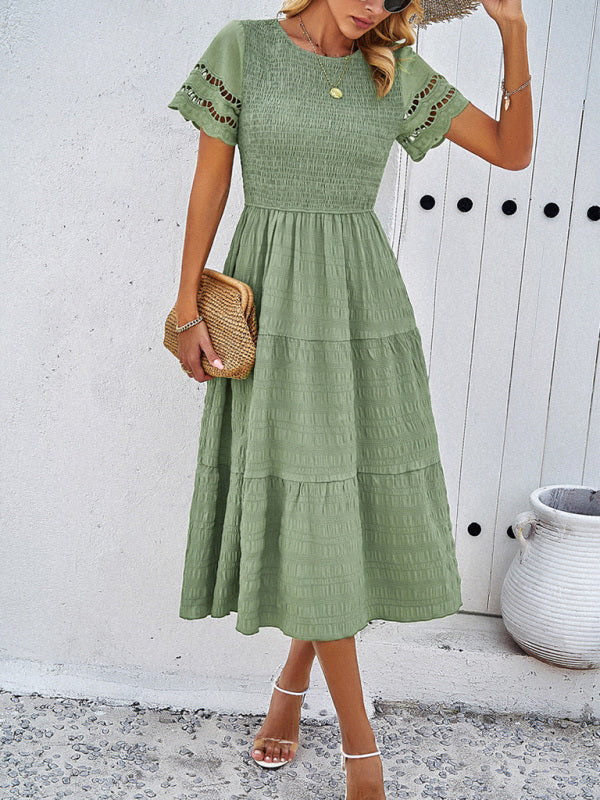 Blue Zone Planet | Solid Color Short Sleeve Cutout Midi Dress