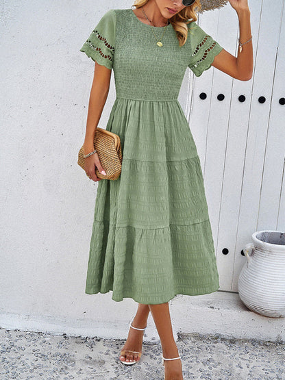Blue Zone Planet | Solid Color Short Sleeve Cutout Midi Dress