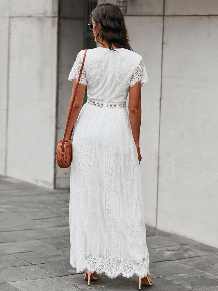 V-Neck Maxi Dress Short Sleeves Casual Long Dress