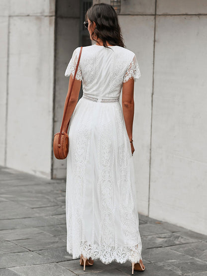 V-Neck Maxi Dress Short Sleeves Casual Long Dress
