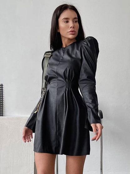 Black Midi Dress Puff Sleeves Pleated PU Leather Zipperr Day Dresses