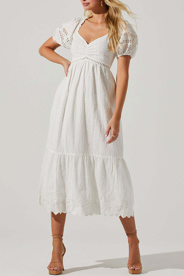 Solid Color Slim Short Sleeve Lace Midi Dress