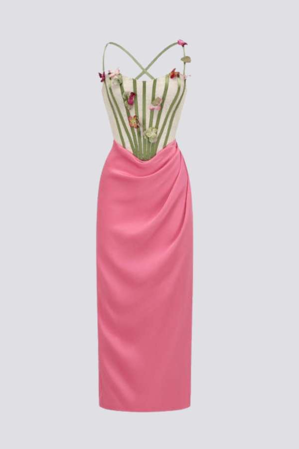 3D Floral Applique Ribbed Corset Bodice Draped Front Satin Maxi Dress