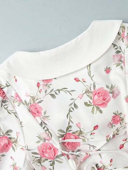 Waist Printed Floral Lapel Puff Sleeve Sweet Mini&Short Dresses