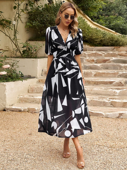 Waist-cinching Deep V-neck Floral Print Maxi Dresses