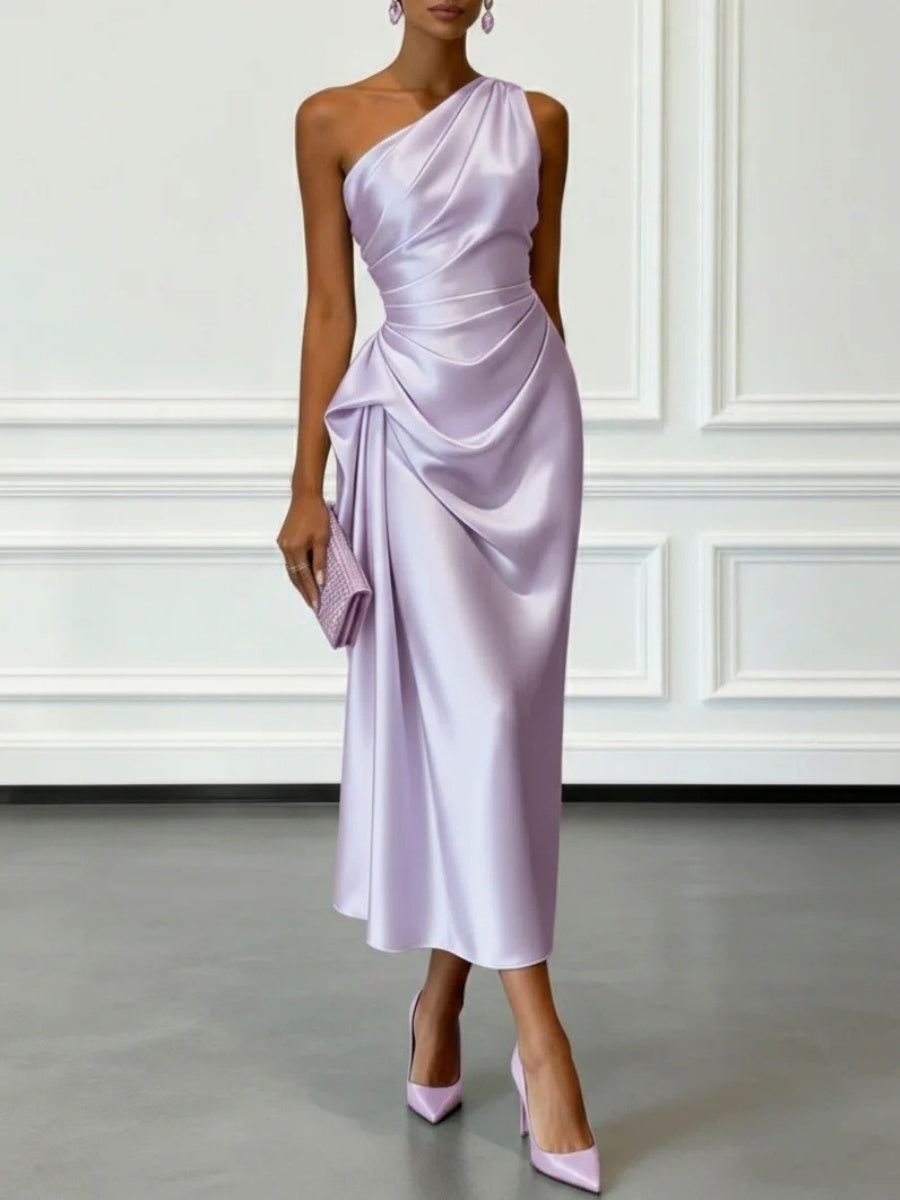 Satin Pleated One Shoulder Grace Formal Dress Maxi Dresses