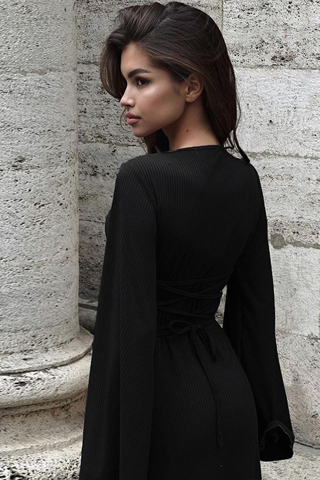 Ribbed Knit Scoop Neck Bell Sleeve Bodycon Maxi Dress
