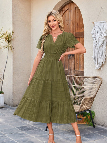 V-neck, Gathered, Puff Sleeve, Full Skirt, Short-sleeved Long Dress