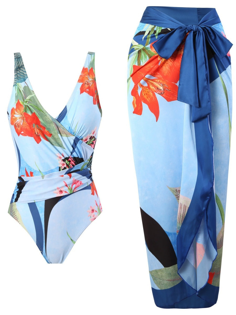 One-piece Swimsuit With Cross-over Print, Revealing Backpack And Hip-revealing Long Skirt (two-piece Set)