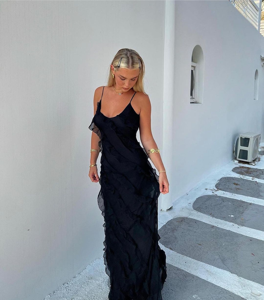 Spaghetti Strap V Neck Cascading Ruffle Slip Maxi Dress