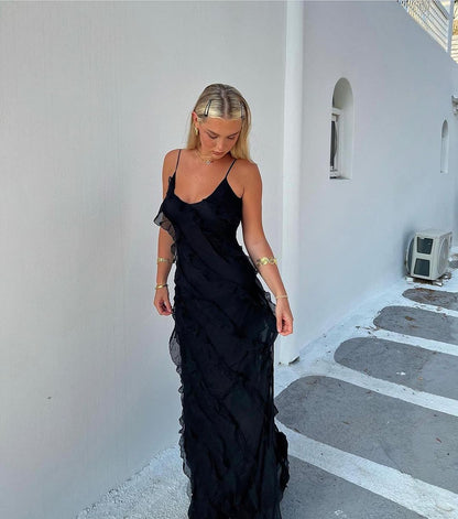 Spaghetti Strap V Neck Cascading Ruffle Slip Maxi Dress