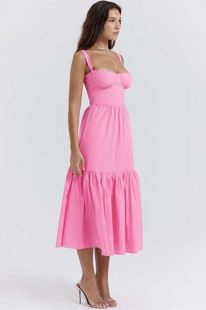Floral Print Sweetheart Bustier Wide Strap Tiered Ruffle Hem Midi Dress