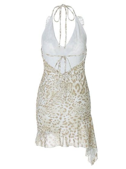Leopard Print Sexy Deep V Bodycon Halter Neck Short Dress With Ruffled Trim