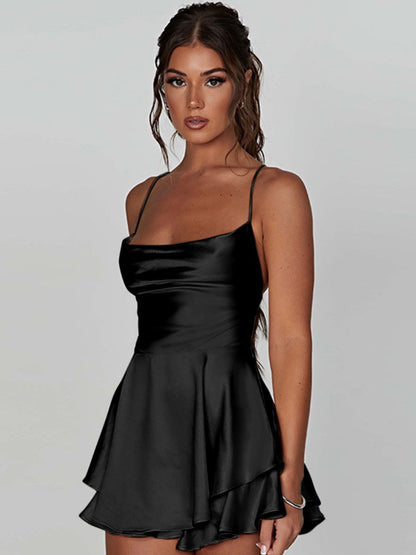 Camisoles Swing Collar Backless Drawstring Mini&Short Dresses
