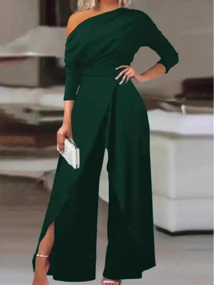 Sloping Shoulders Asymmetrical High Waist Slit Jumpsuits