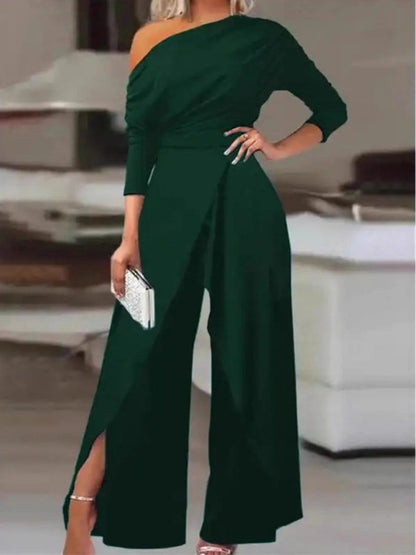 Sloping Shoulders Asymmetrical High Waist Slit Jumpsuits