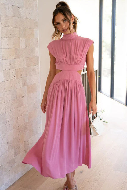 Mock Neck Ruched Bodice Waist Cut Out Flowy Midi Dress