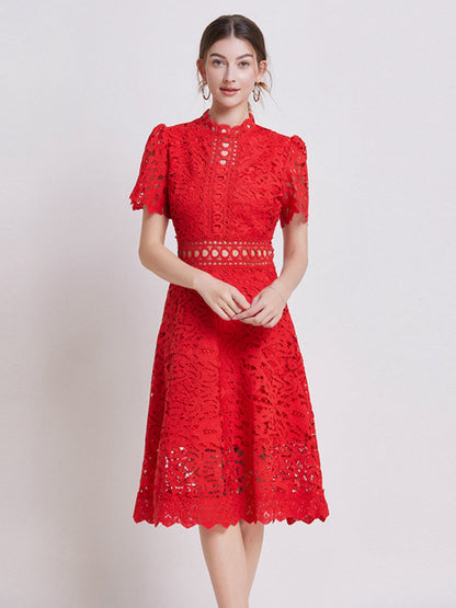 Lace Waist-cinching Hollow-out Midi Dress