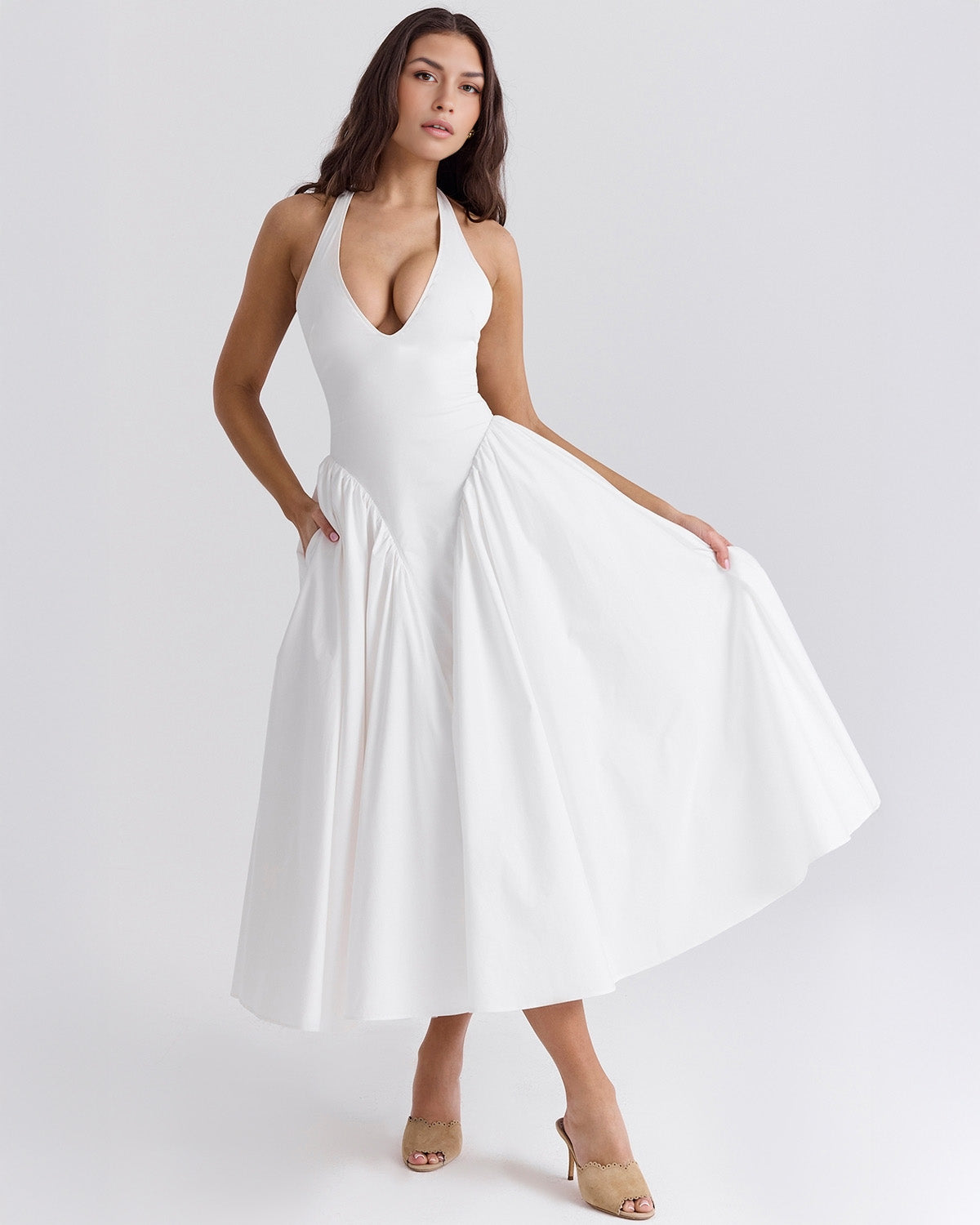 Halter Deep V Drop Waist Gathered Pleated Midi Dress