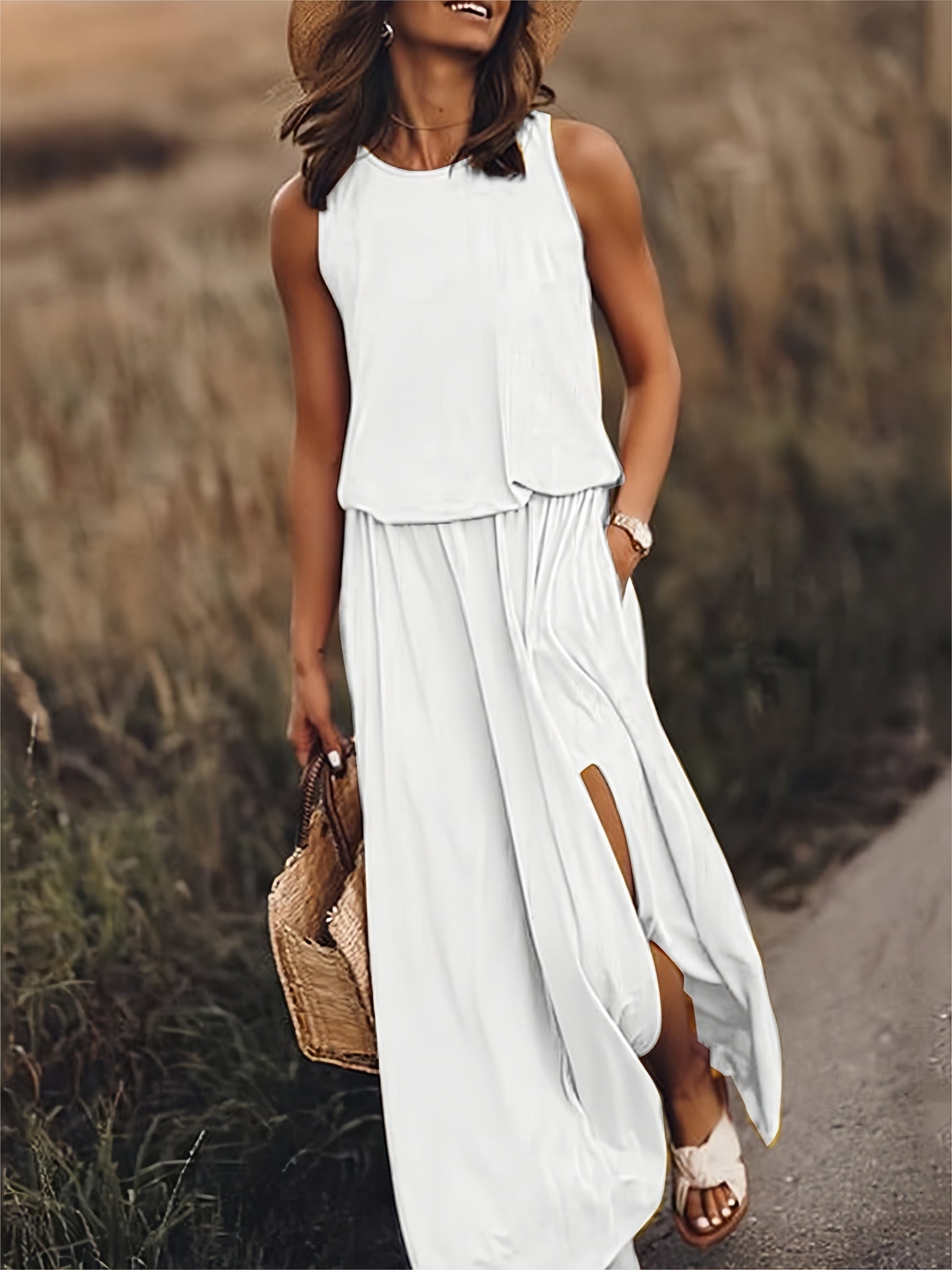 Sleeveless Crew Neck Tiered High Split Side Pocket Maxi Dress