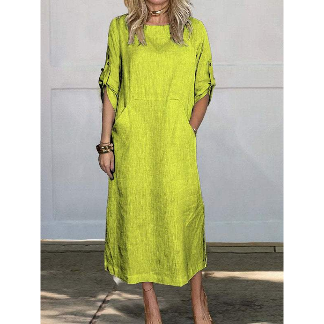 Linen Blend Roll Tab Sleeve Patch Pocket Relaxed Midi Dress