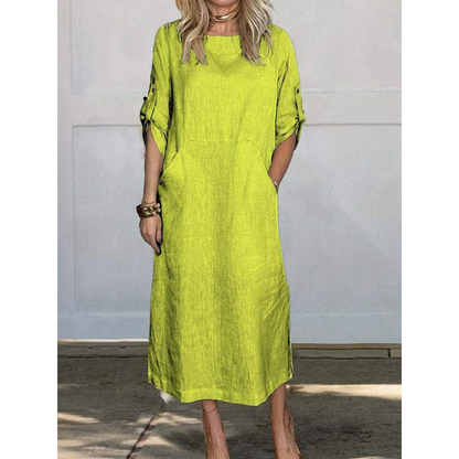 Linen Blend Roll Tab Sleeve Patch Pocket Relaxed Midi Dress