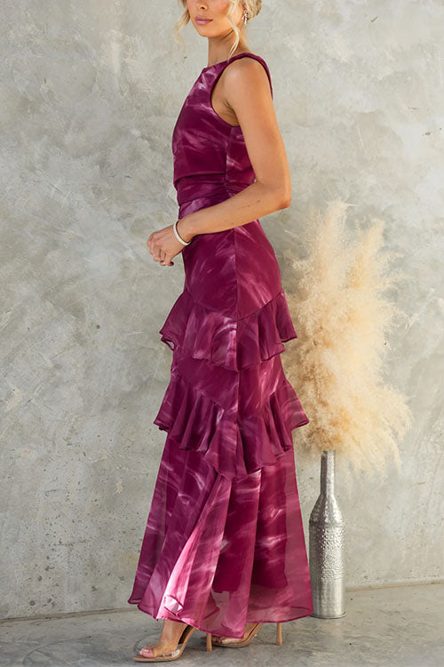 Sleeveless Ruffle Hem Tie Dye Maxi Dress